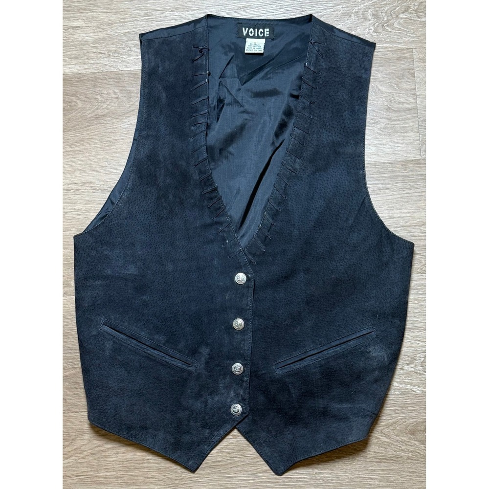 Voice Suede Leather Vest Medium Black Good Oklahoma State Seal Buttons